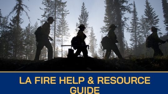 Aerial view of Los Angeles during wildfire season with smoke clouds in the sky, first responders working to contain the fire, and a resilient community coming together to rebuild.